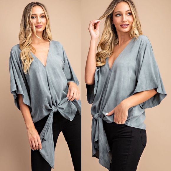 V-Neck Front Tie Solid Color Blouse Top - Picture 1 of 8